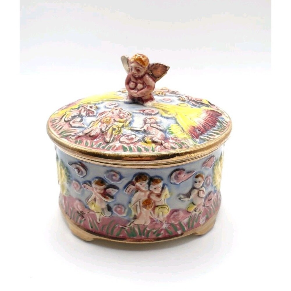 Hand Painted Japanese Covered Bowl Trinket Dish Cherubs Angels Gilt Accents Vtg